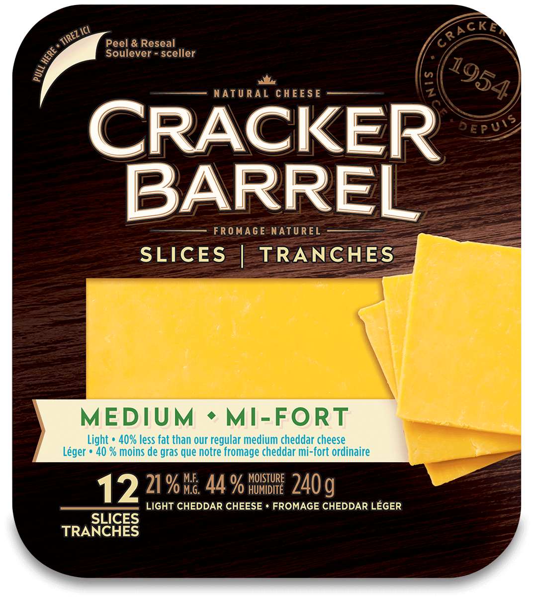 Cracker Barrel Cheese Slices - Medium Light - 12 Slices - 240 g