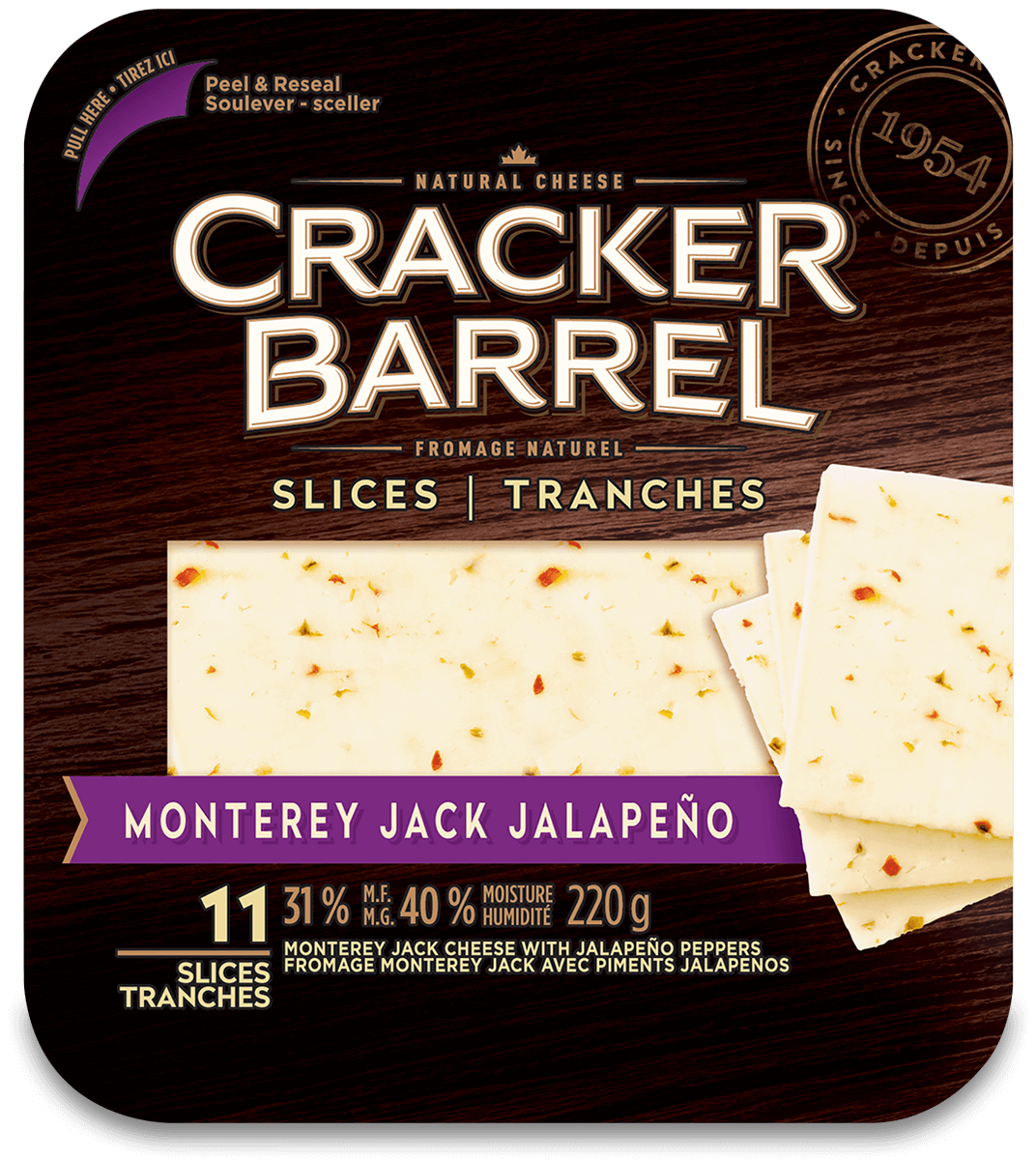 Cracker Barrel Cheese Slices - Monterey Jack With Jalapeño Pepper - 11 Slices - 220 g